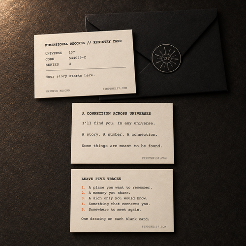 Find the 137 registry, connection and five traces story cards beside a black envelope.